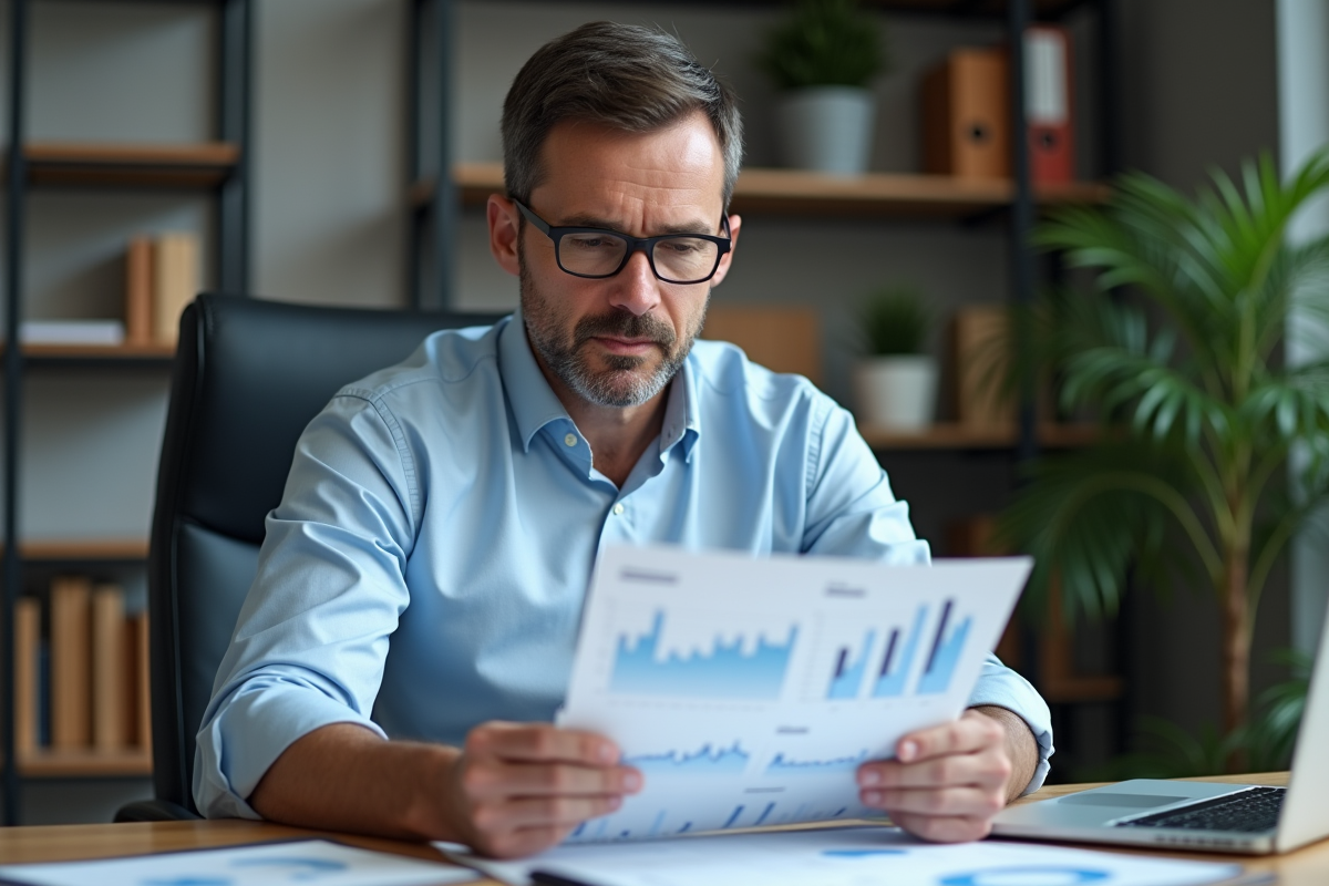 Homme d'affaires lisant un rapport financier au bureau