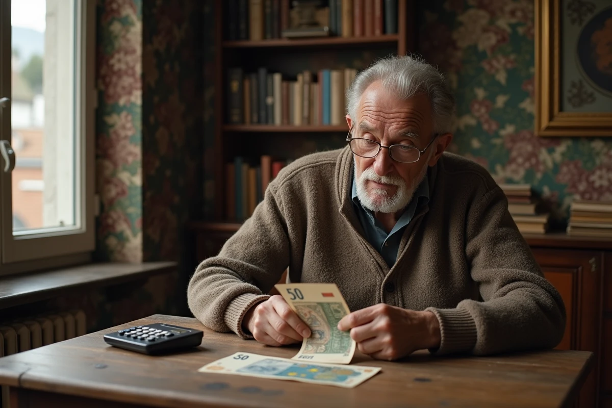 Homme agee examine un billet de 50 Francs avec une calculatrice Euro