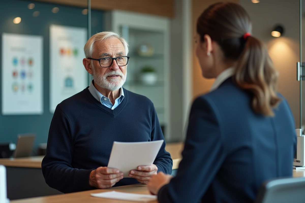 Homme &acirc;g&eacute; discutant avec un conseiller bancaire