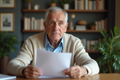 Homme âgé de 80 ans examine des documents financiers à la maison