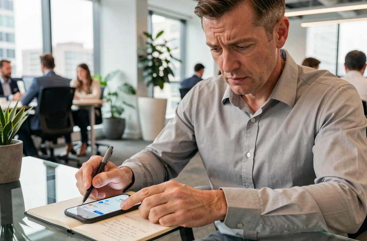 Homme consultant son application bancaire mobile pour tracer l'origine d'un prélèvement de 30 euros