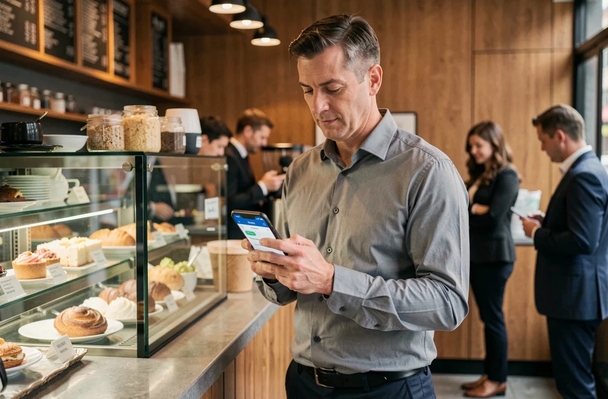 Homme d'affaires consultant son application Cofidis Pro sur smartphone dans un café urbain pour gagner du temps