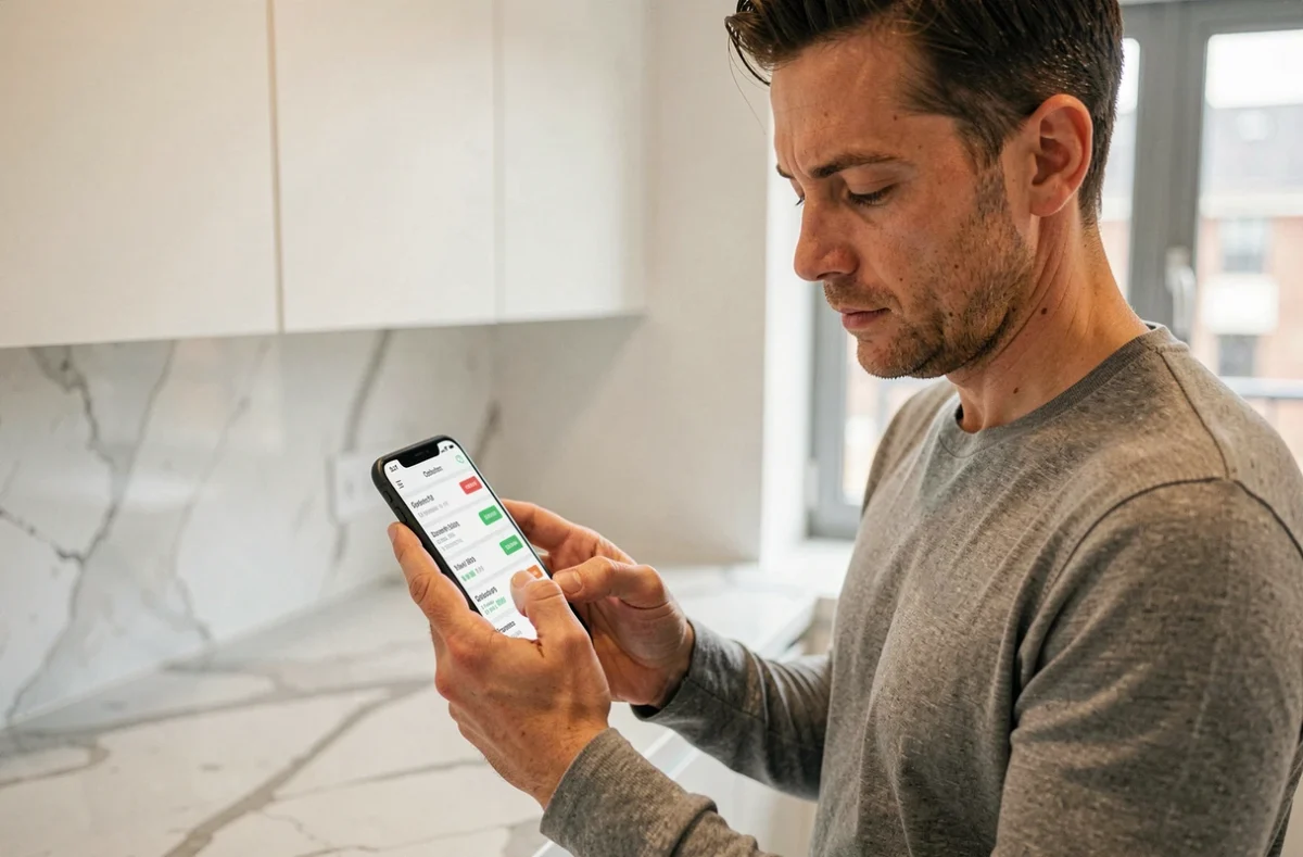 Homme consultant l'application bancaire Progéliance sur smartphone pour vérifier ses prélèvements et virements depuis chez lui