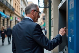 Homme d'affaires utilisant un distributeur automatique en ville