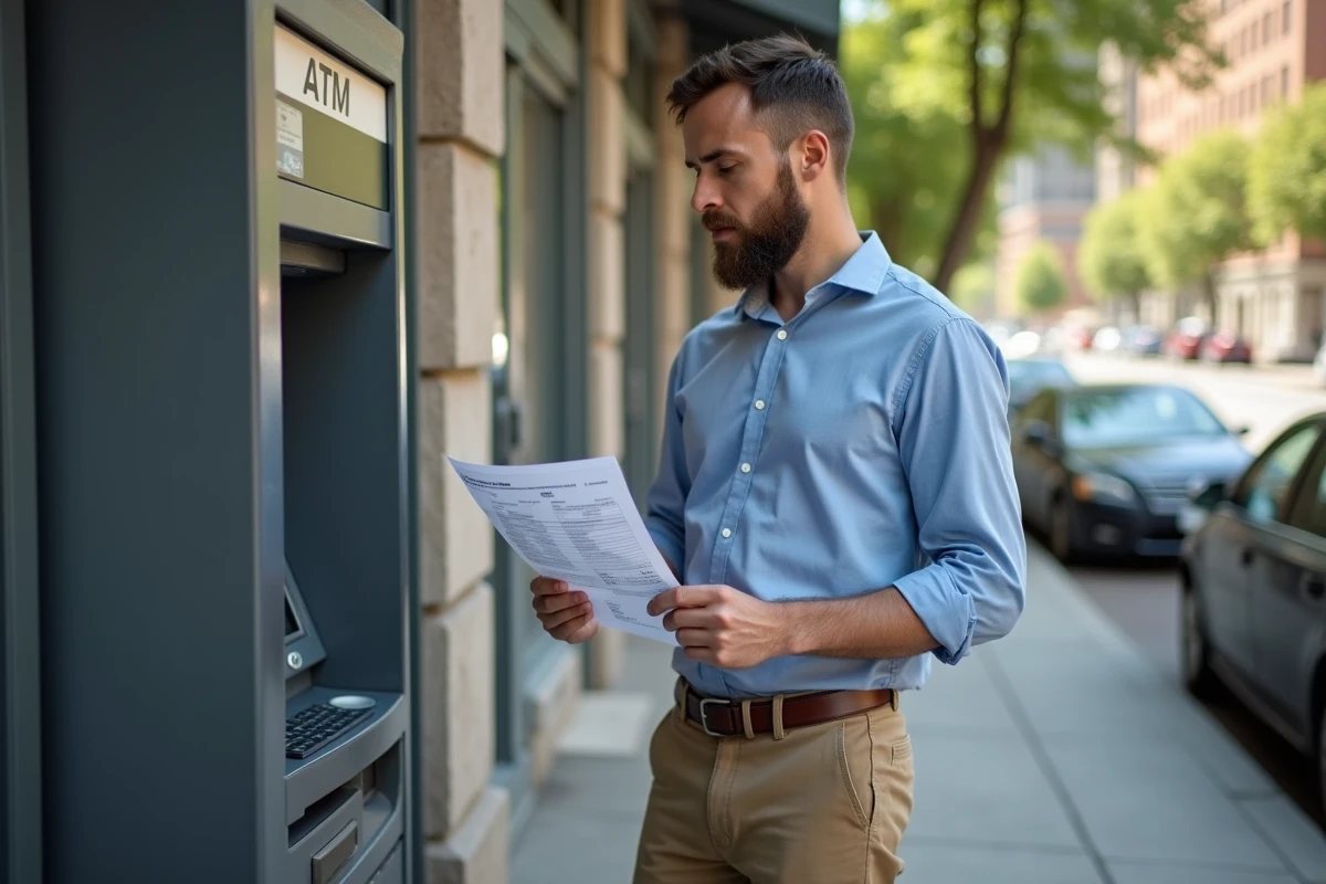 Homme regardant son relev&eacute; bancaire devant un distributeur automatique