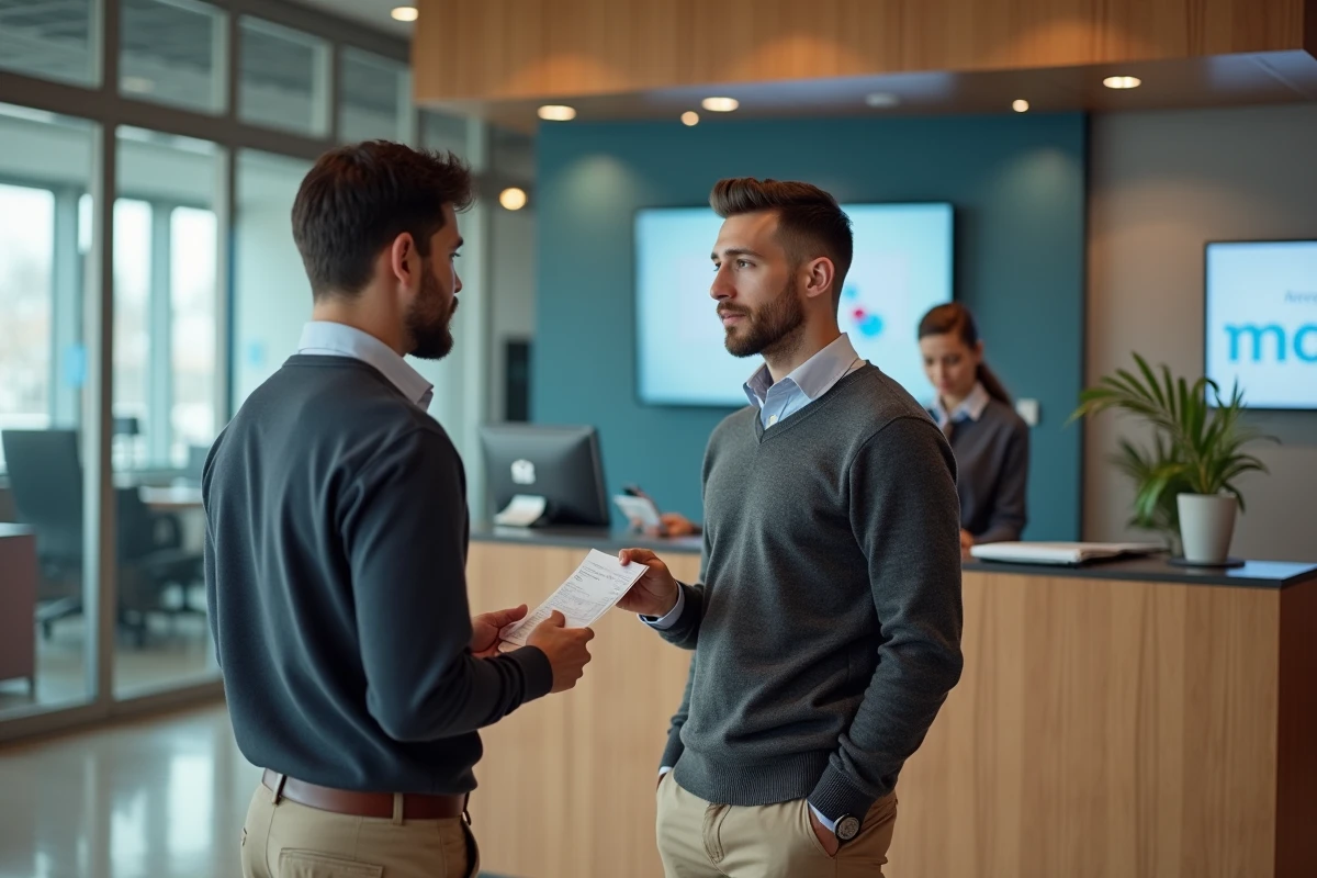Jeune homme parlant calmement au guichet bancaire