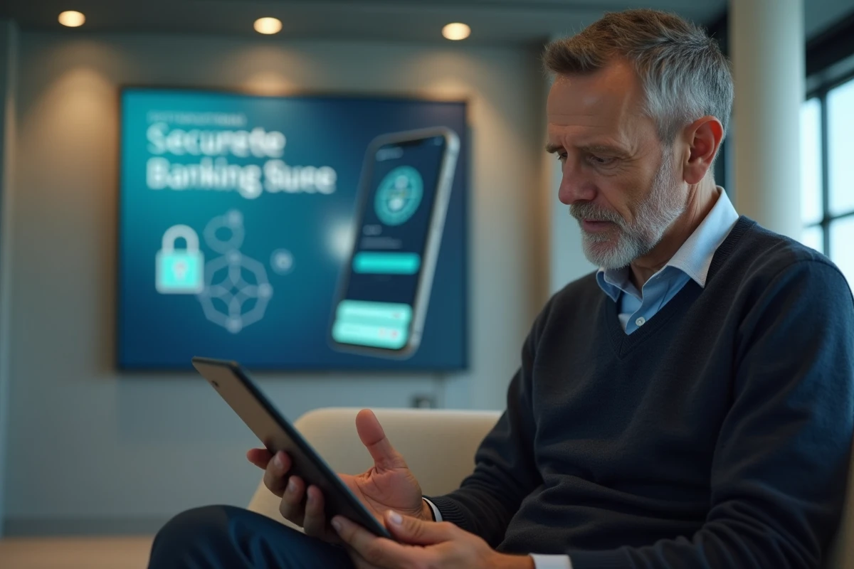 Homme d age utilisant tablette pour securite bancaire