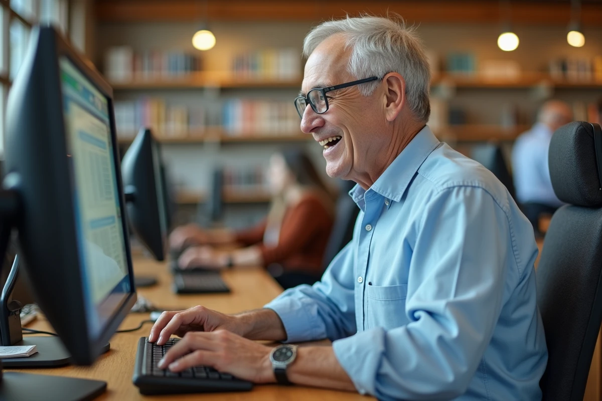 Homme âgé utilisant un ordinateur dans une bibliothèque publique