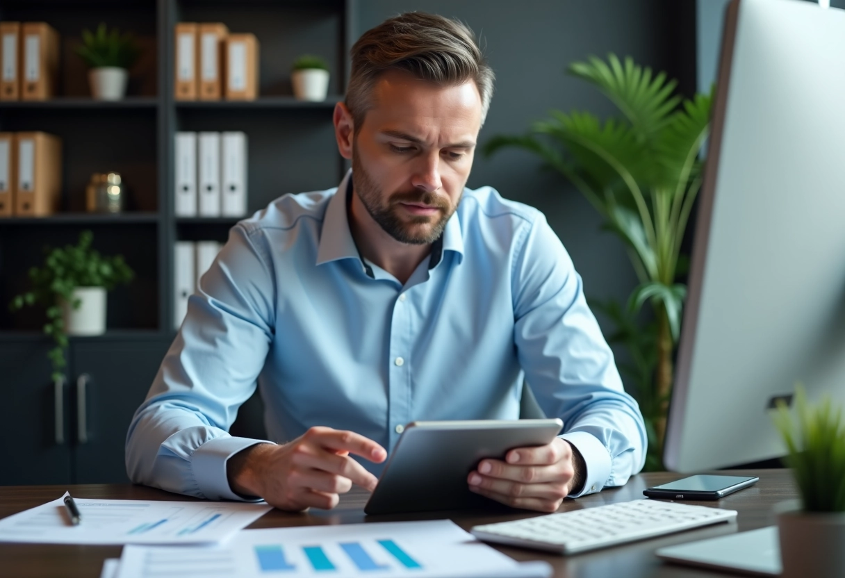 Homme v&eacute;rifiant son solde bancaire sur une tablette au bureau
