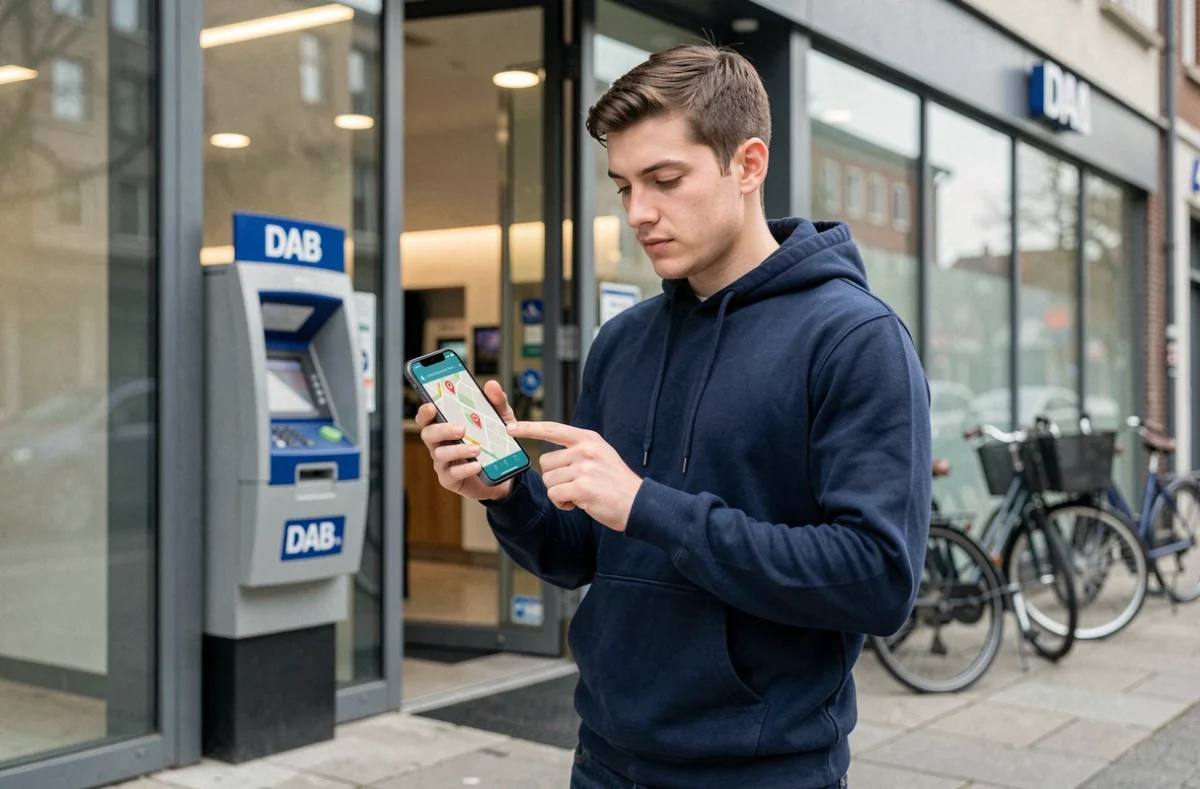 Jeune homme consultant une carte interactive de distributeurs de billets sur son smartphone en ville