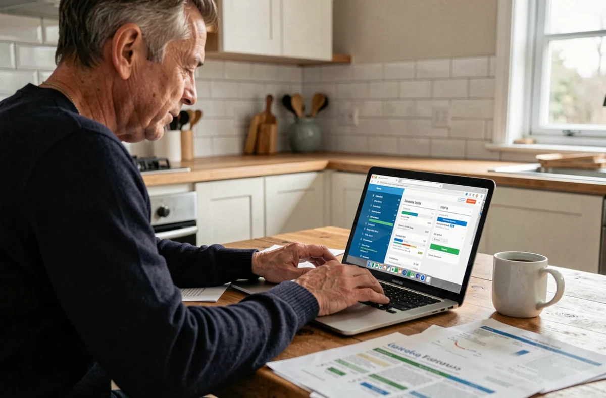 Homme comparant des offres d'assurance emprunteur en ligne sur son ordinateur portable dans une cuisine moderne