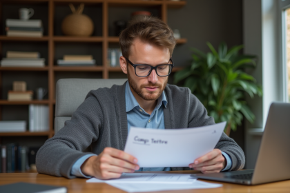 Homme en bureau à domicile compare deux documents