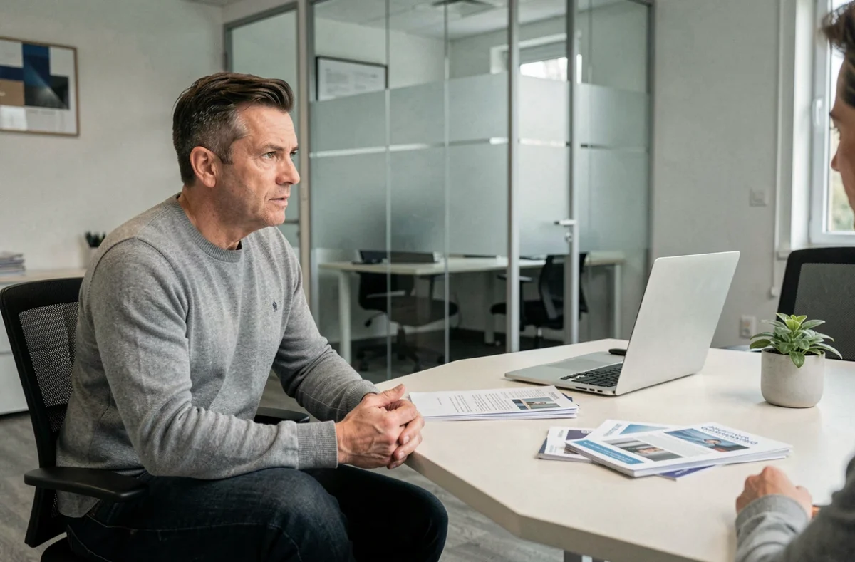 Homme en rendez-vous avec un conseiller en mutuelle santé dans une agence professionnelle