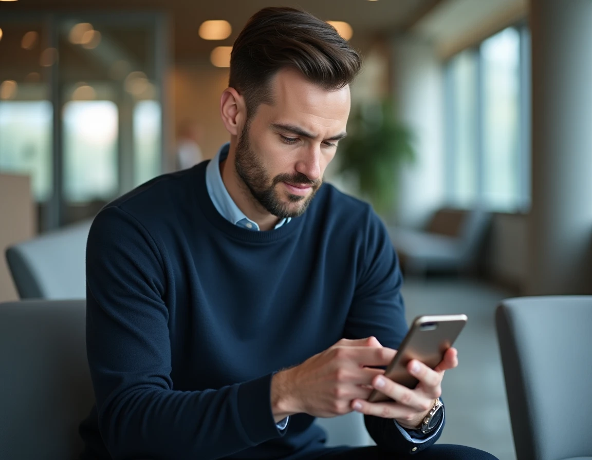 Homme consultant un service client de crédit sur son smartphone dans une agence bancaire moderne