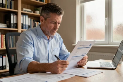 Homme de 40 ans relisant attentivement un contrat d'assurance emprunteur à son bureau à domicile