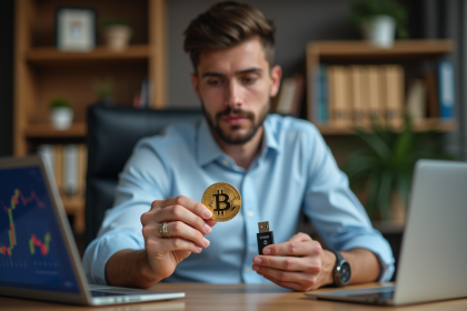 Jeune homme en business casual examine une cryptomonnaie