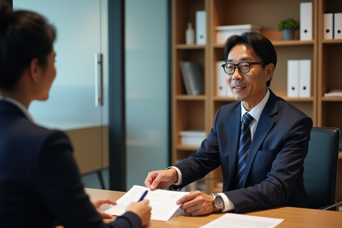 Homme d'affaires japonais en costume dans une banque