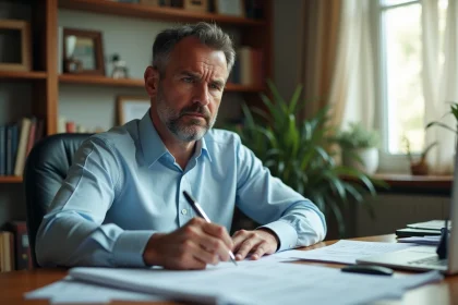 Homme consultant des documents administratifs de paiement à son bureau à domicile