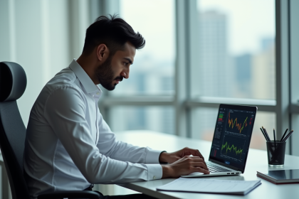 Homme asiatique concentré analysant des graphiques financiers