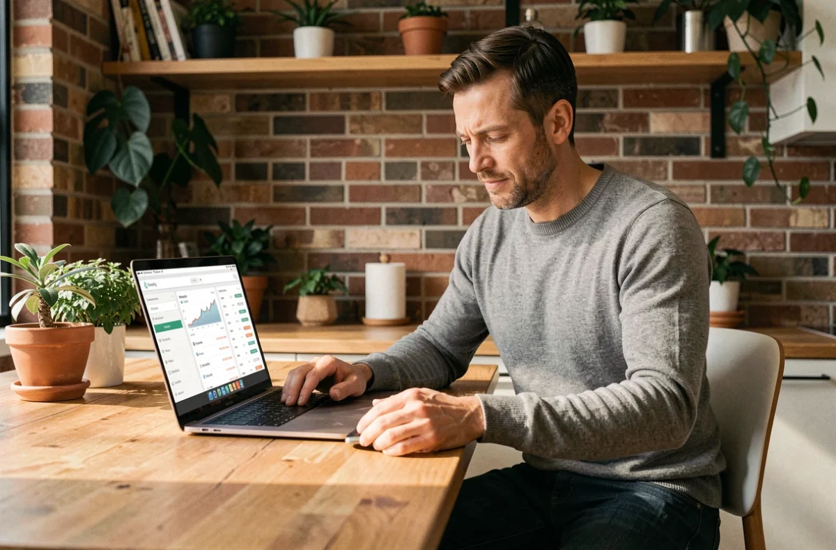 Homme consultant un tableau de bord de finance personnelle en ligne depuis son domicile avec un café