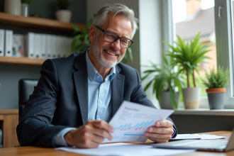 Homme d'âge moyen souriant dans un bureau lumineux