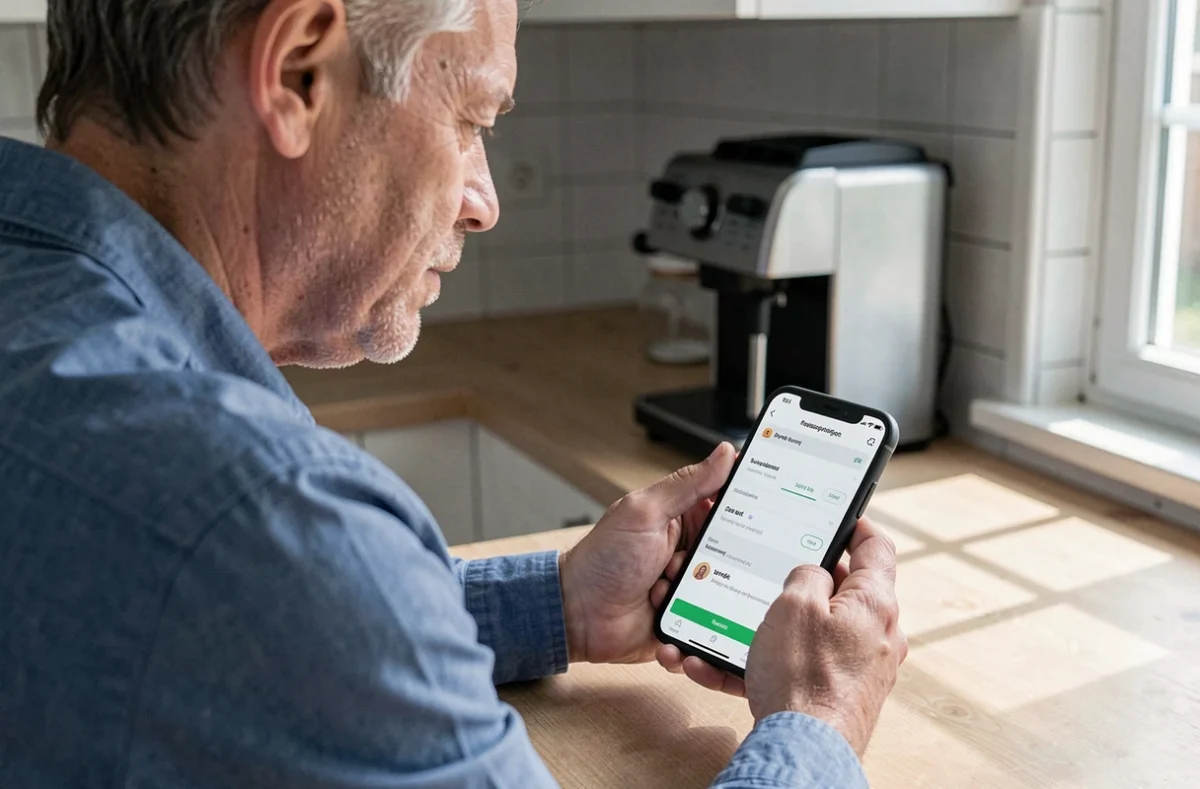 Homme gérant un abonnement en ligne avec la carte virtuelle CMB Virtualis depuis son application bancaire sur smartphone