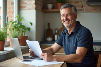 Homme français souriant lit des documents dans un appartement lumineux