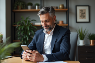 Homme en costume bleu consulte une application bancaire sur son smartphone