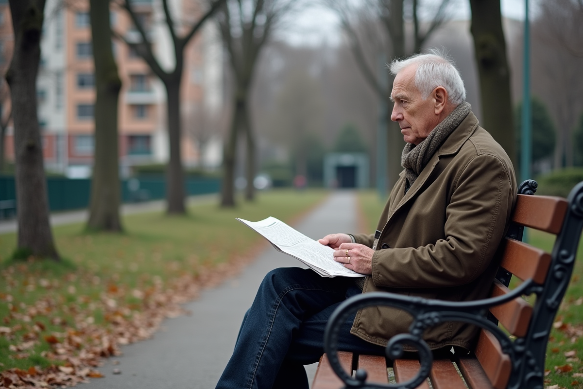 Homme de 62 ans assis sur un banc dans un parc urbain en automne