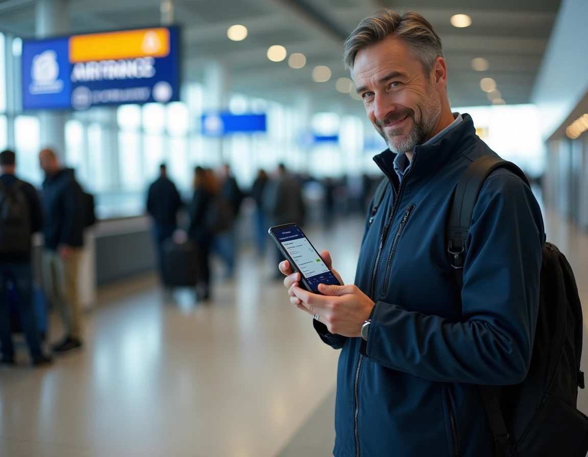 Homme consultant le prix de l'assurance voyage Air France sur smartphone à l'enregistrement