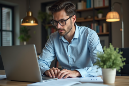 Jeune homme d'affaires concentré sur son ordinateur