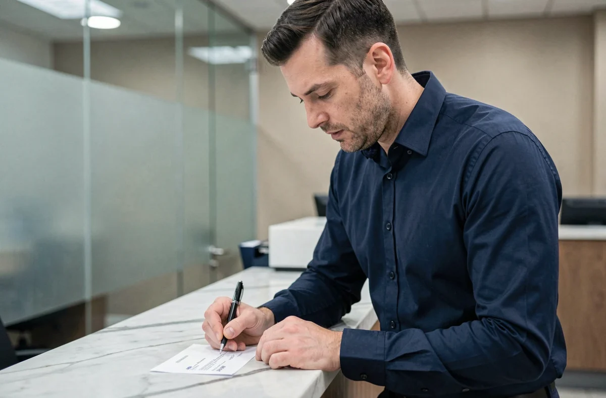 Homme en train de remplir un chèque au guichet d'une banque, illustration des mentions obligatoires sur un chèque