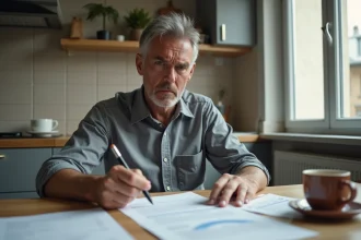 Homme stressé examinant des documents d'assurance sur une table de cuisine, illustrant les difficultés des résiliés et malussés face aux assureurs