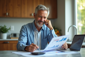 Homme d'âge moyen souriant devant ses documents de retraite