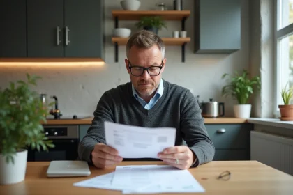 Homme d'âge moyen revoyant des documents financiers à la maison