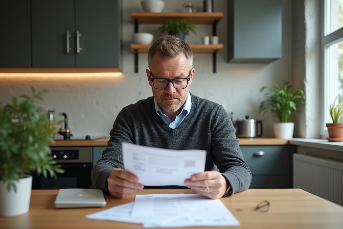 Homme d'âge moyen revoyant des documents financiers à la maison
