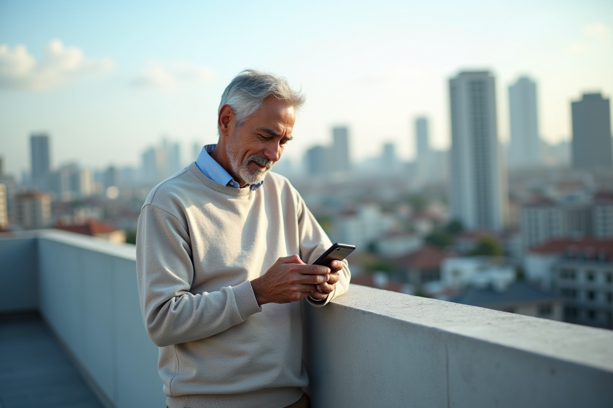 Homme regardant le marché crypto sur un rooftop urbain