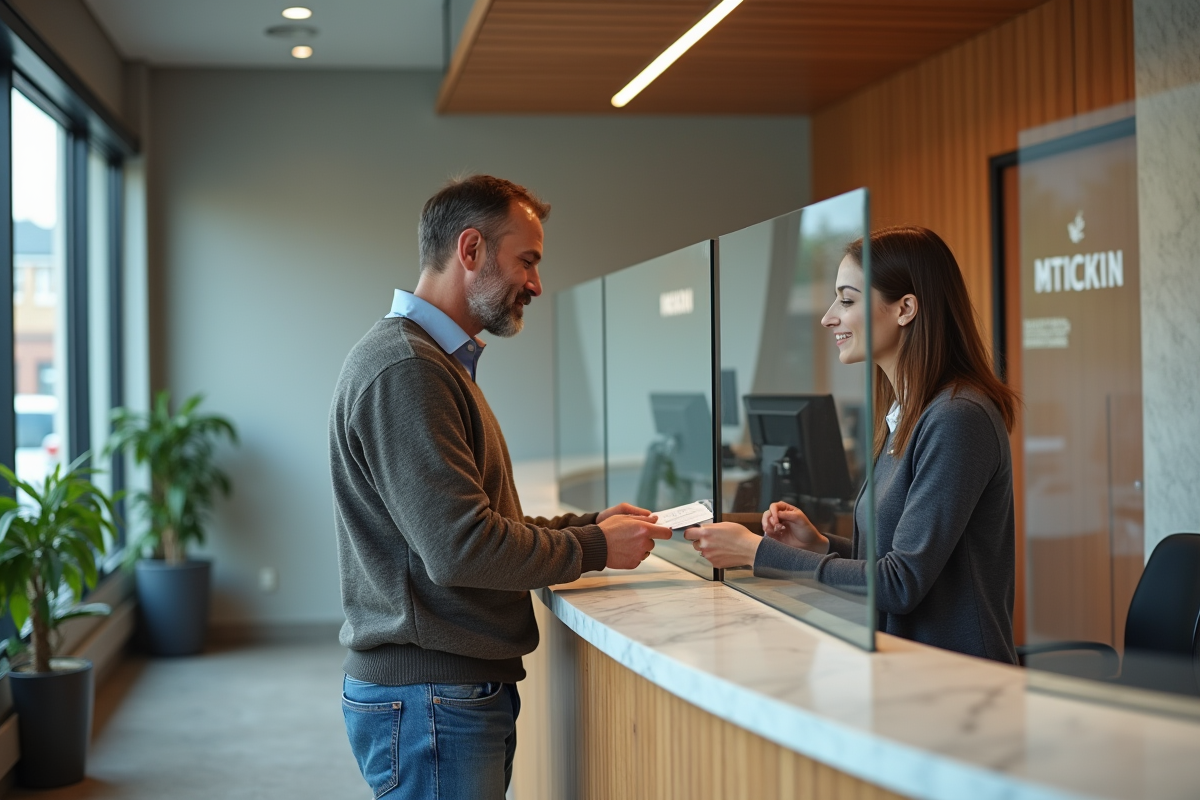 Homme remettant des papiers à une caissière en banque