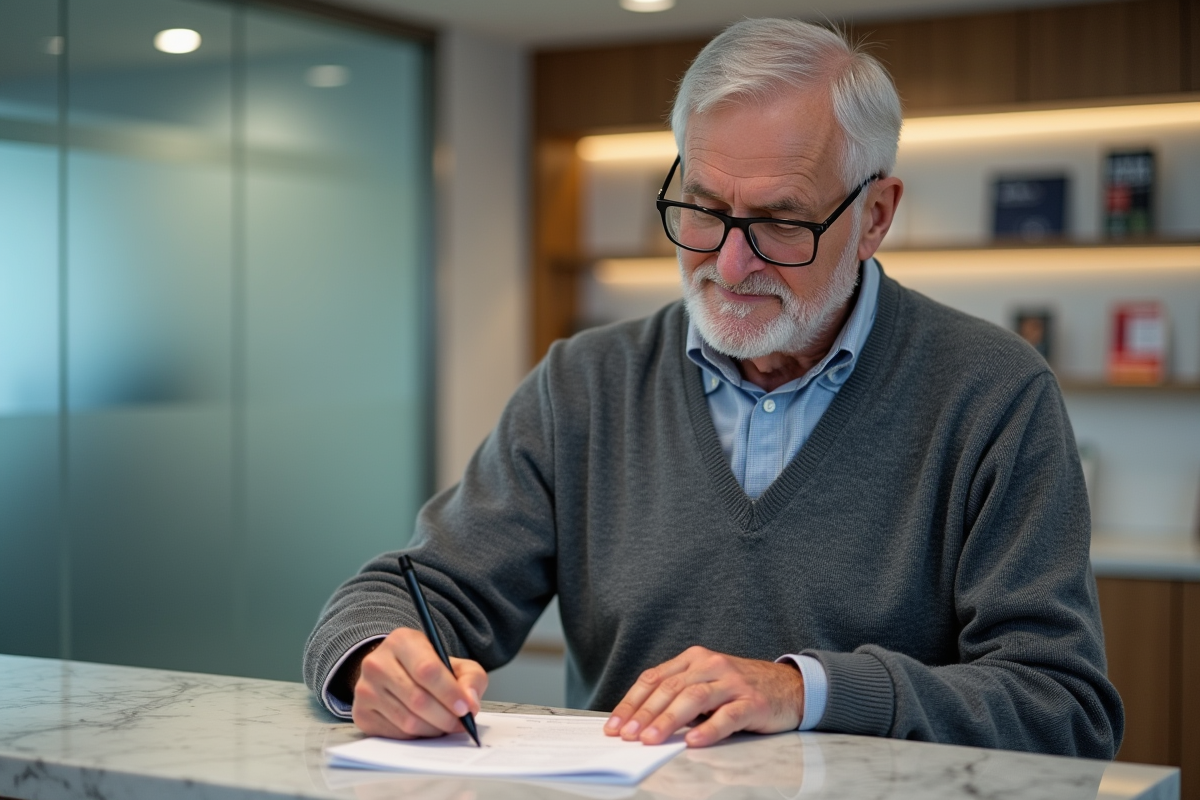 Homme senior signant un formulaire à la banque