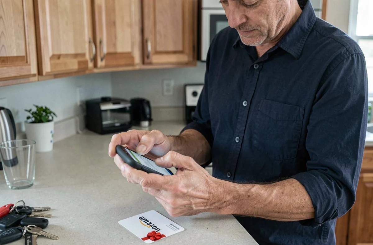 Homme utilisant un smartphone pour payer avec une carte cadeau sur Amazon, carte Kadeos posée à côté sur le plan de travail