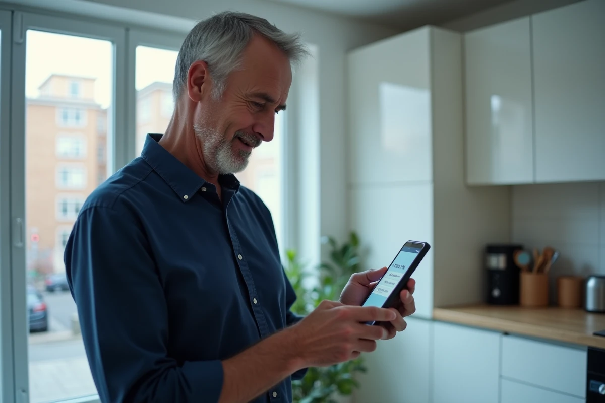 Homme consultant une application bancaire sur smartphone pour réinitialiser son mot de passe de compte Brie Picardie