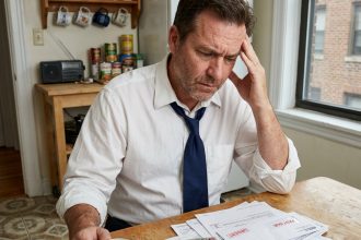 Homme inquiet avec factures et calculatrice dans la cuisine