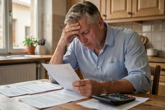 Homme stressé face à un refus de rachat de crédit avec des documents bancaires sur la table