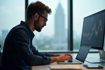Homme concentr&eacute; analysant des graphiques de trading sur un ordinateur moderne