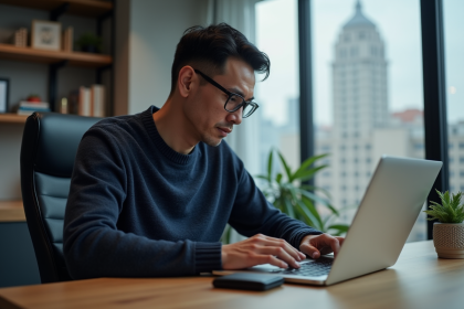 Homme d'âge moyen utilisant un ordinateur dans un bureau sécurisé
