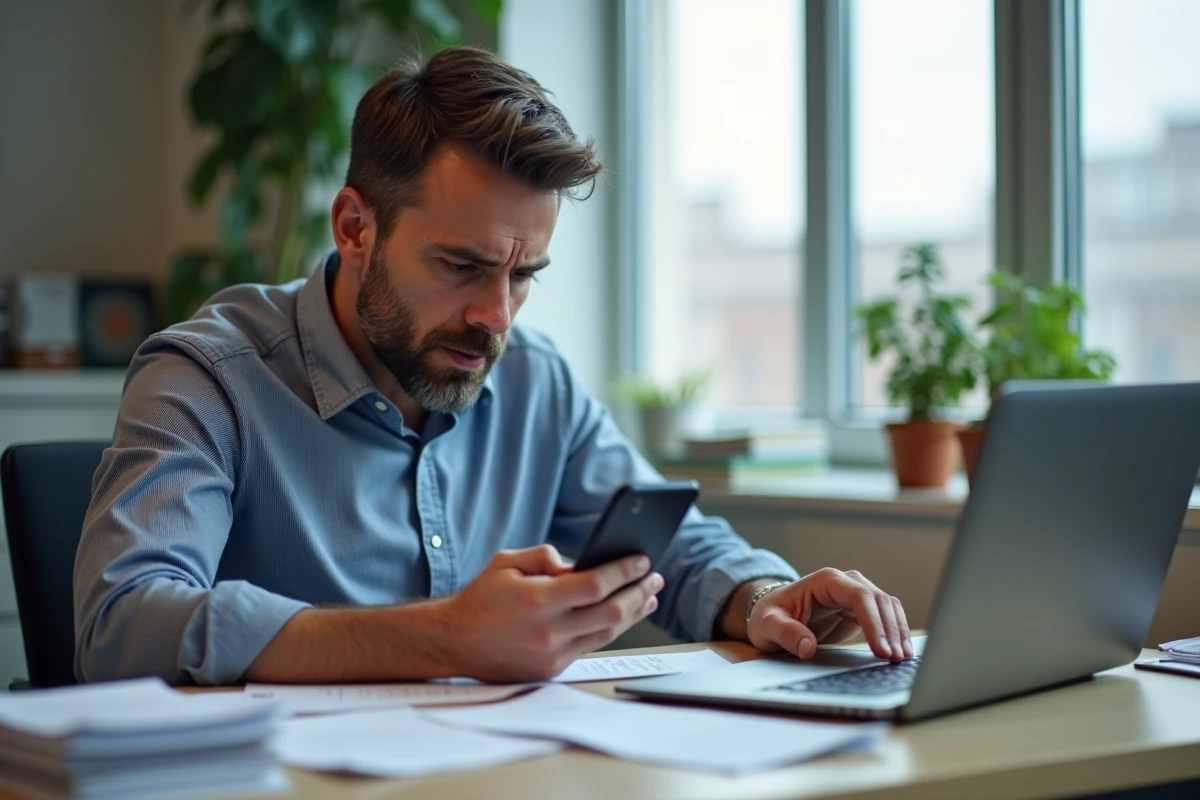 Homme vérifiant ses finances sur smartphone au bureau