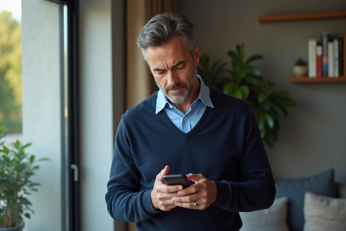 Homme vérifiant ses transactions bancaires sur son smartphone dans le salon