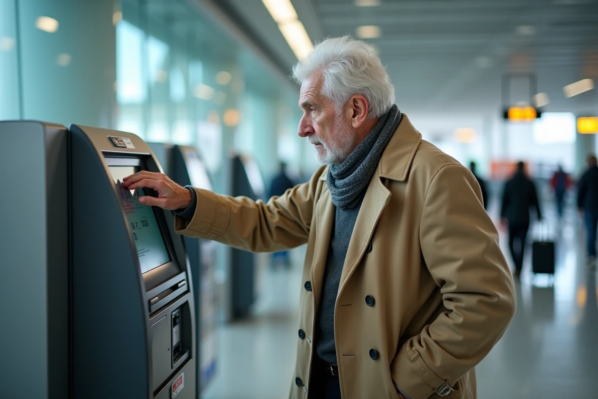 Homme &acirc;g&eacute; utilisant un ATM dans un a&eacute;roport moderne