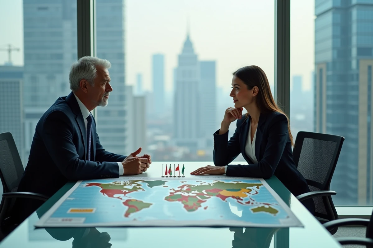 Homme et femme d'affaires regardant une carte du monde