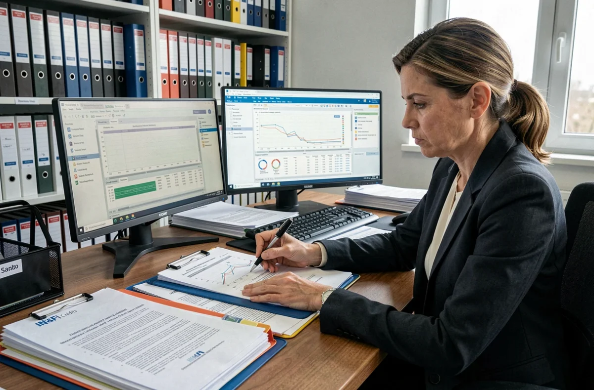 Courtière IN&FI Crédits Essonne analysant un dossier de montage financier complexe dans son bureau